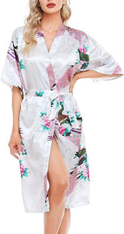 Kimono da Sposa con Fregio per Donne, Abito da Notte con Raccordo con Cintura, Set di Piumini da Camera per Matrimonio, Festa di Sposa, Bianco