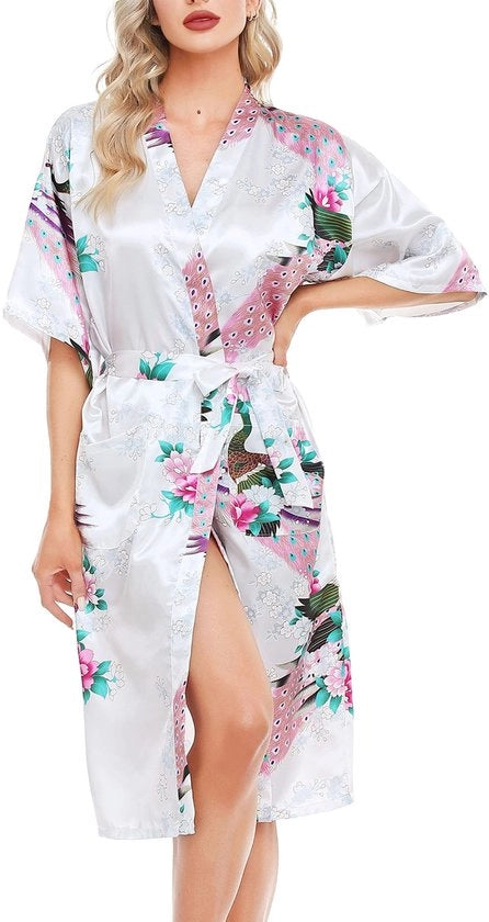 Kimono da Sposa con Fregio per Donne, Abito da Notte con Raccordo con Cintura, Set di Piumini da Camera per Matrimonio, Festa di Sposa, Bianco