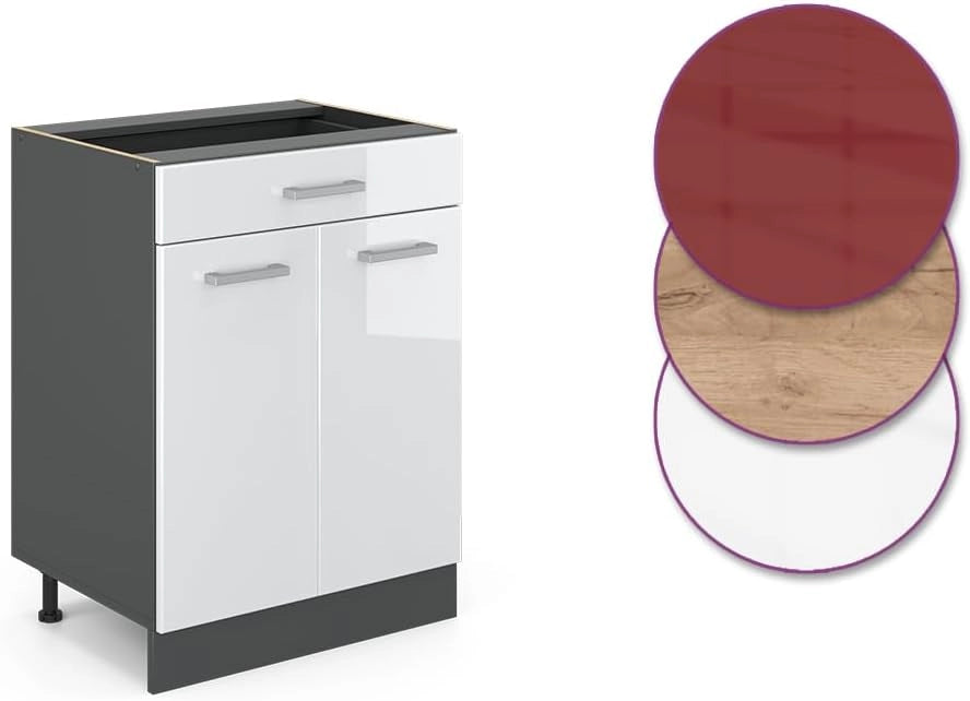mobiletto base per cucina R-line, Bianco lucido/Antracite, 60 cm con cassetto, senza piano di lavoro