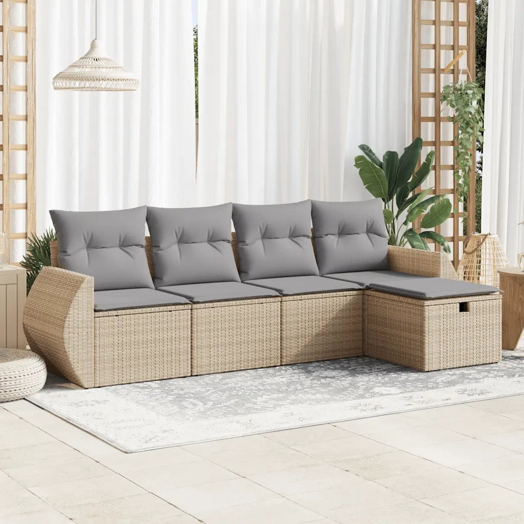 Set Divano da Giardino 5 pz con Cuscini Beige in Polyrattan