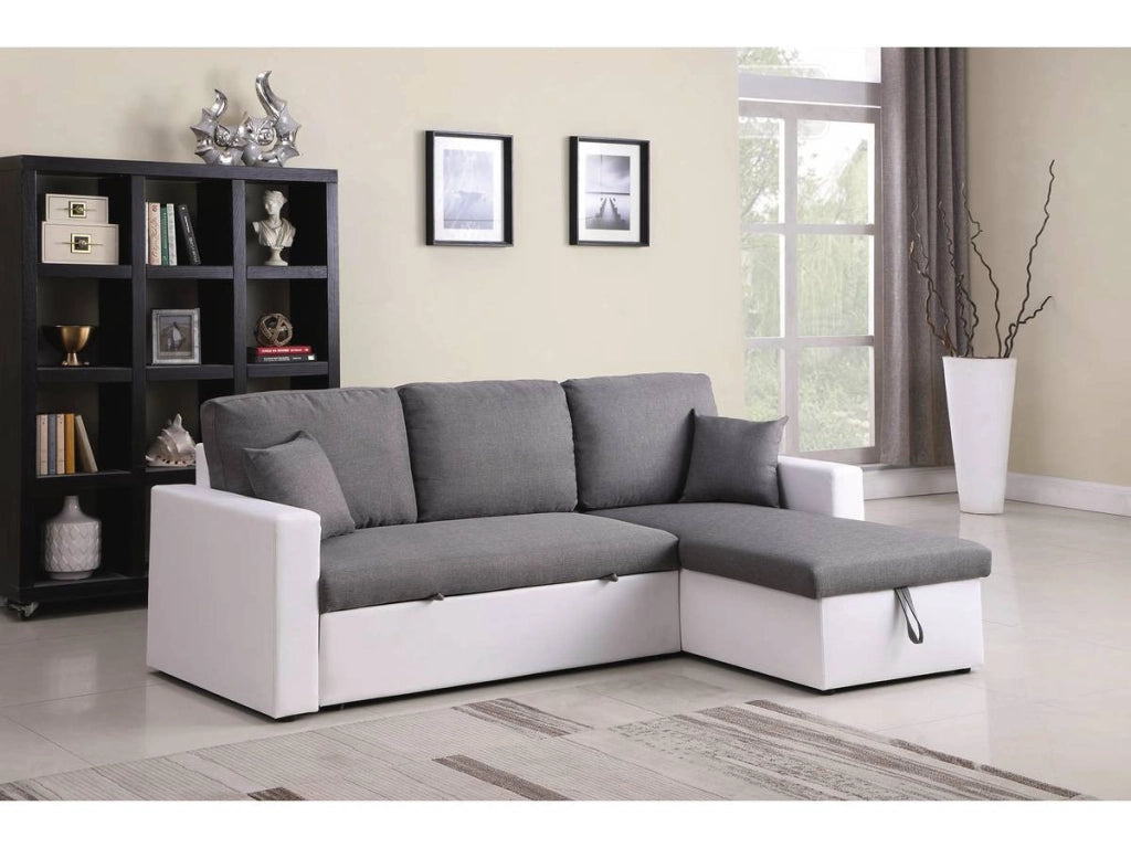 Divano ad angolo trasformabile con contenitore "Alain" - 221 x 145 x 85 cm - 3 posti a sedere - Grigio / Bianco