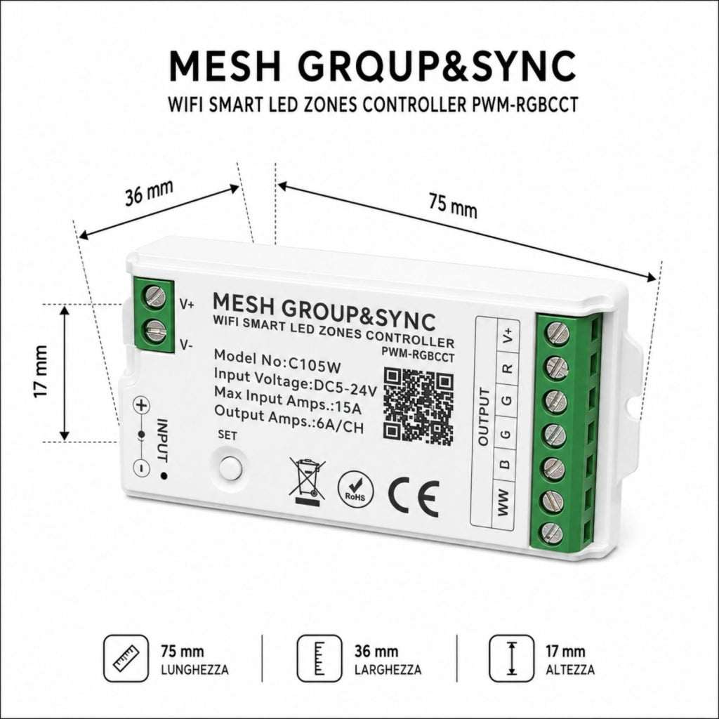 Centralina Controller Per Striscia Led RGBCCT WIFI 2.4G, RF 2.4G TUYA, Smart Life Max 15A Tot. (6A/CH) DC5-24V 360W 5 Canali RGBCCT CLC105R Bianco