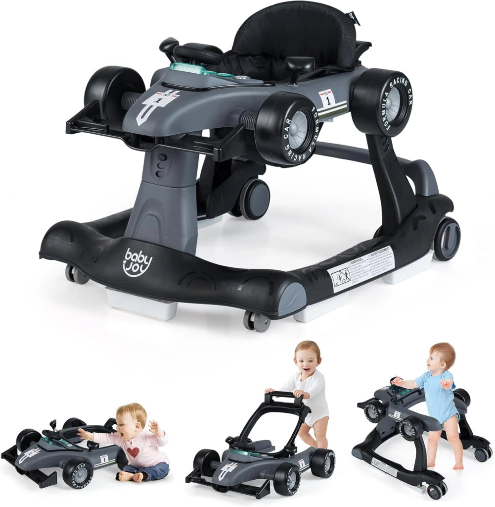 Girello per Bambini 6-18 Mesi, Baby Walker 4 in 1 con Musica e Luci, Primi Passi Piegevole e Portatile, Altezza e Velocità Regolabili, Carrello da Spinta, Forma di Macchinina (Grigio)