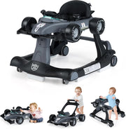 Girello per Bambini 6-18 Mesi, Baby Walker 4 in 1 con Musica e Luci, Primi Passi Piegevole e Portatile, Altezza e Velocità Regolabili, Carrello da Spinta, Forma di Macchinina (Grigio)