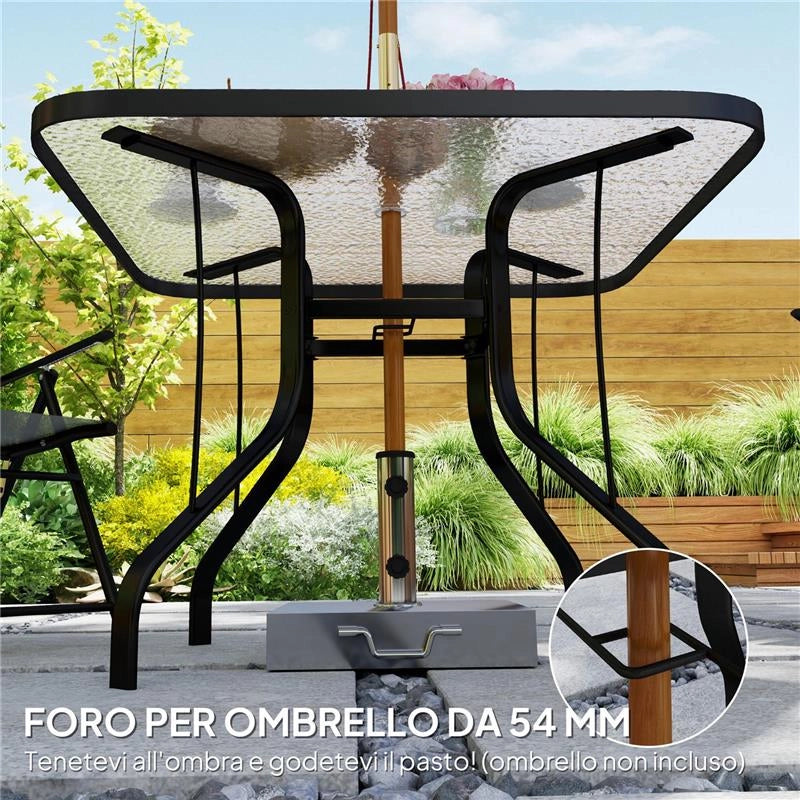 TAVOLO DA GIARDINO QUADRATO A 4 POSTI CON PIANO IN VETRO E FORO PER OMBRELLONE Ø 54 MM NERO
