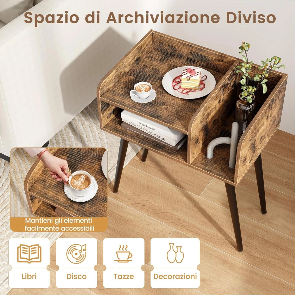 Comodino 50 x 32 x 58cm, Tavolino Moderno con Mensole Aperte, Gambe in Metallo e Poggiapiedi Regolabili, Comò Ideale per Soggiorno e Camera da Letto (Marrone,1)