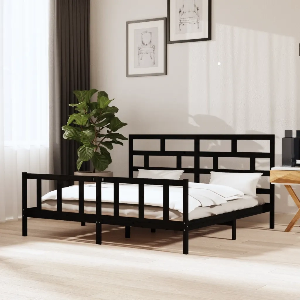 Letto matrimoniale | Letto per adulti | Giroletto Nero in Legno Massello di Pino 200x200 cm