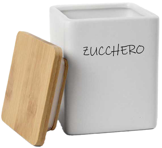 Barattolo quadrato in ceramica con tappo di legno Colore e Fantasia: ZUCCHERO