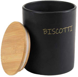 Barattolo in ceramica con tappo di legno Colore e Fantasia: BISCOTTIERA, COLORI: NERO