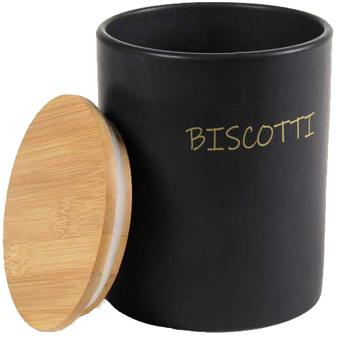 Barattolo in ceramica con tappo di legno Colore e Fantasia: BISCOTTIERA, COLORI: NERO