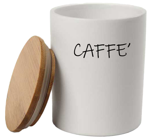 Barattolo in ceramica con tappo di legno Colore e Fantasia: CAFFE, COLORI: BIANCO