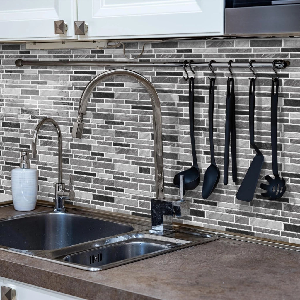 12 fogli di piastrelle autoadesive da 30,5 x 30,5 cm, per cucina, paraschizzi, in vinile, per cucina, paraschizzi, bagno, lavanderia (nero e grigio)