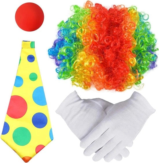 Accessorio da costume 4 pezzi con parrucca arcobaleno, parrucca a onde per clown, cravatta colorata, guanti