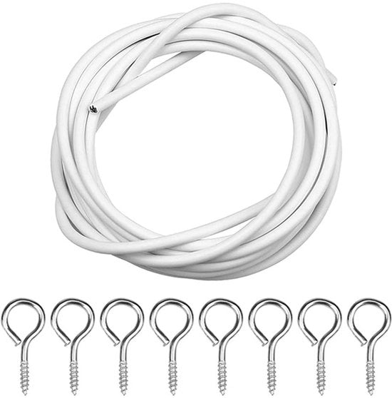 Cordone per tende da 2 m - Corda per tende con 6 occhielli - Orecchioni per fissaggio - Adatto per tende - Decorazioni interni/esterni - Filo di plastica bianco