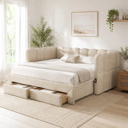 Letto da giorno estraibile con 2 cassetti; USB e Type-C; 180x190 cm; in chenille beige