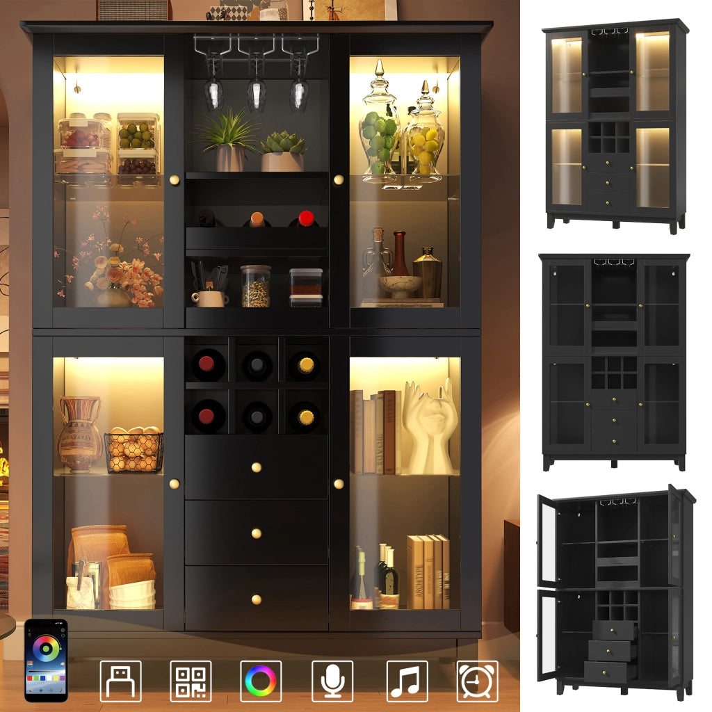 Credenza per vini con 3 cassetti; ripiani regolabili; porta bicchieri e bottiglie; LED RGB via app; per soggiorno 120 × 40 × 180;5 cm