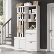 Garderoba da ingresso multifunzionale 120x30x200 cm in MDF bianco con panca imbottita, 2 vani portascarpe, cassetto e 10 ganci