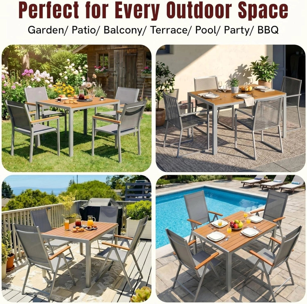 Tavolo da Giardino Moderno in WPC 110 x 70 cm, Tavolo da Pranzo per Esterno per 4-6 Persone, Tavolo da Balcone Salvaspazio in Alluminio, Design Effetto Legno,Marrone Teak + Grigio Chiaro