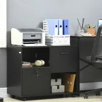 Mobile da Ufficio con 2 Cassetti Porta Documenti e Ripiani, Ruote con Blocco, 80x40x66cm, Nero