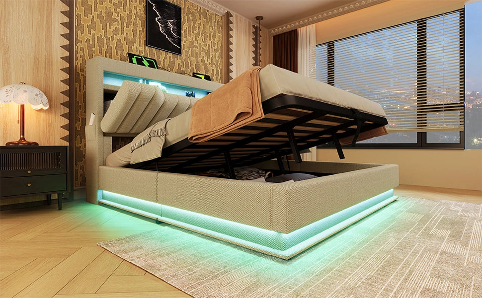 DESMIU Lit Contenitore 160 × 200 cm 2 posti con LED, USB e Type-C, senza materasso, in lino, beige