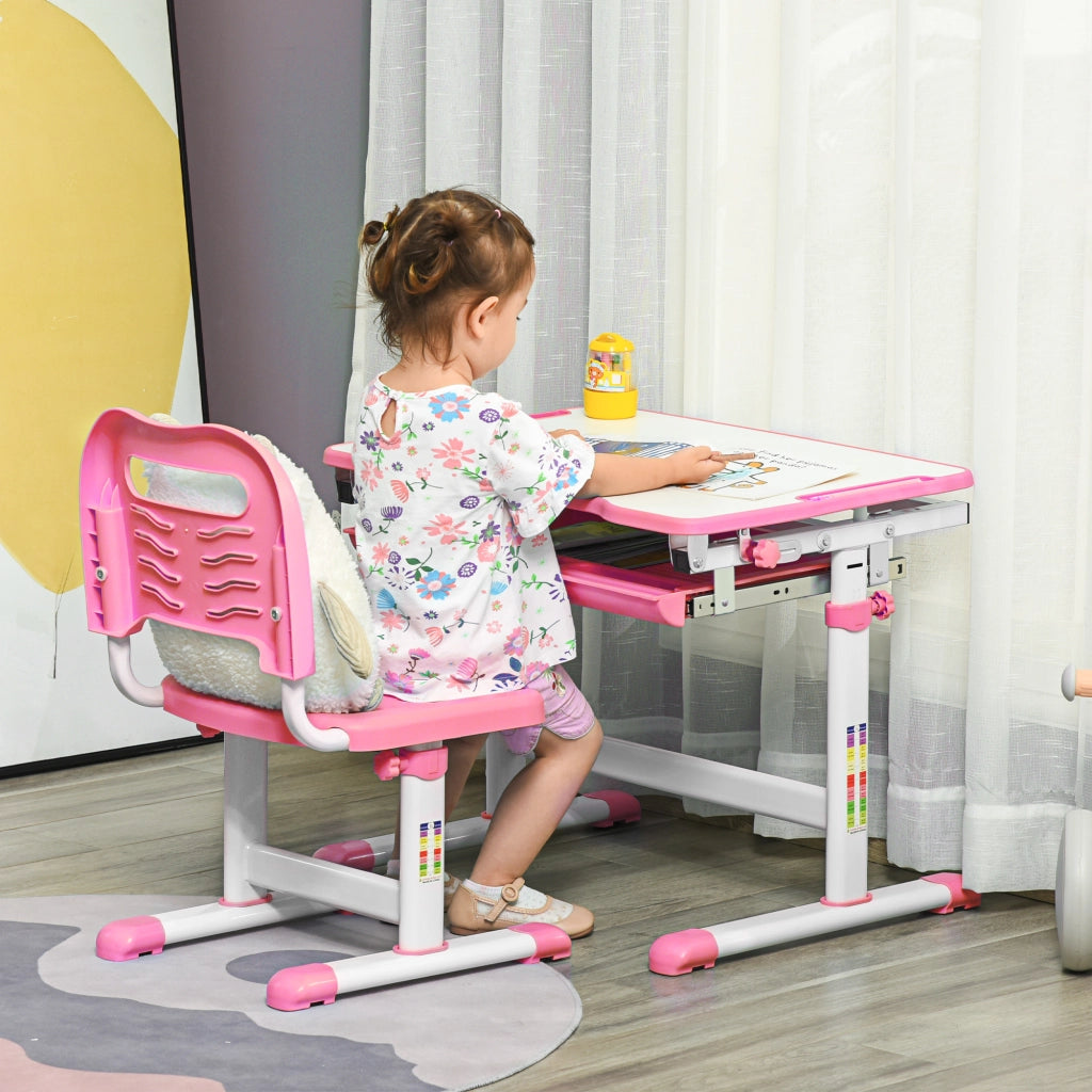 Banco Scuola per Bambini 6-12 Anni con Sedia e Altezza Regolabile, Piano Inclinabile, 66x47x52-77 cm, Rosa