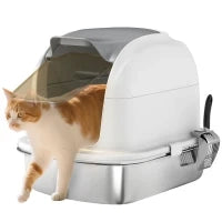 Lettiera per Gatti in Acciaio Inossidabile XL con Coperchio Ribaltabile Laterali Alti Ingresso Superiore Pala Bianco