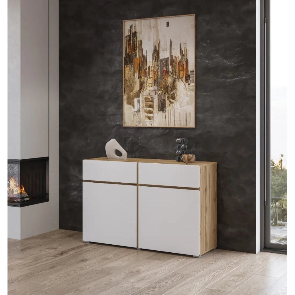 Buffet HAVANA – 120 cm – 2 ante a battente e 2 cassetti – Rovere e bianco – Design moderno