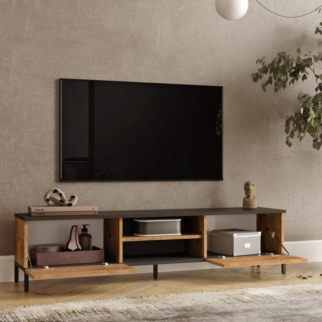 Mobile Basso 'Lempäälä' Supporto TV con Passaggio Cavi Consolle con Sportelli a Ribalta - Rovere Rustico/Antracite [en.casa]