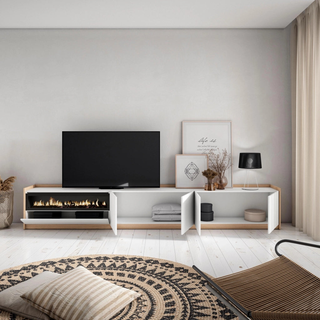 Mobile TV Soggiorno, 310x50x37 cm, Per TV fino a 80", Camino elettrico, Bianco e Rovere soft