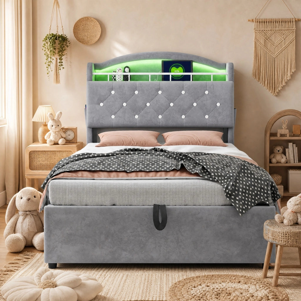 Letto imbottito per bambini 90x200 cm con contenitore; LED; USB e portaoggetti; grigio