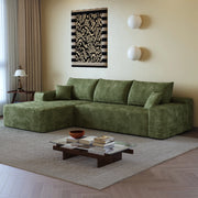 Divano ad angolo modulare con chaise longue a L e schiuma elastica, senza montaggio, in tessuto a coste verde 270 cm
