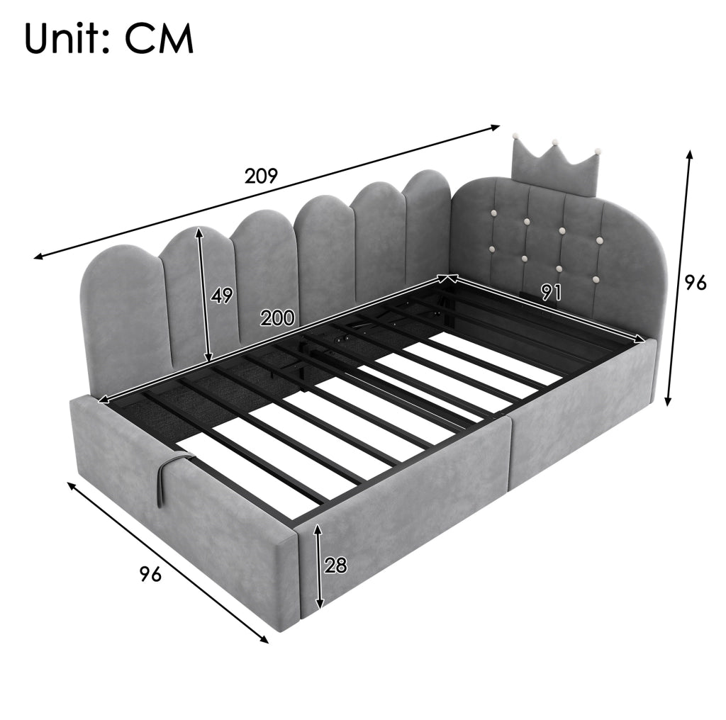 Letto da giorno imbottito 90x200 cm con contenitore idraulico in velluto grigio