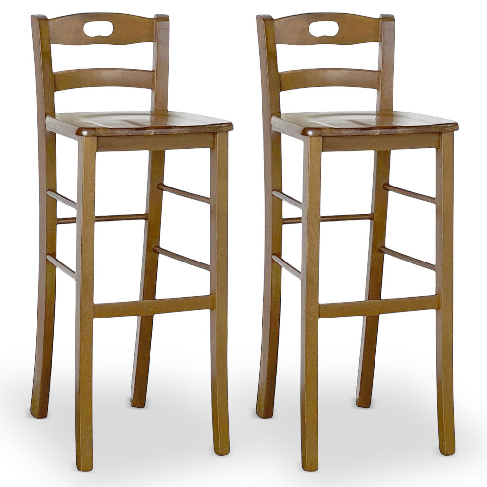 Set 2 sgabelli da bar h 80 cm in legno noce chiaro con manico e seduta massello