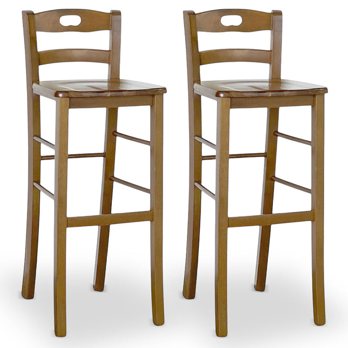 Set 2 sgabelli da bar h 80 cm in legno noce chiaro con manico e seduta massello