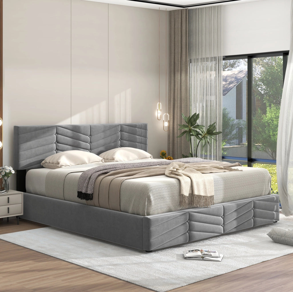 Letto matrimoniale imbottito 140x200 cm in velluto grigio con testiera regolabile e contenitore