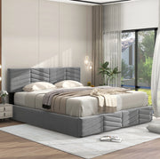 Letto matrimoniale imbottito 140x200 cm in velluto grigio con testiera regolabile e contenitore