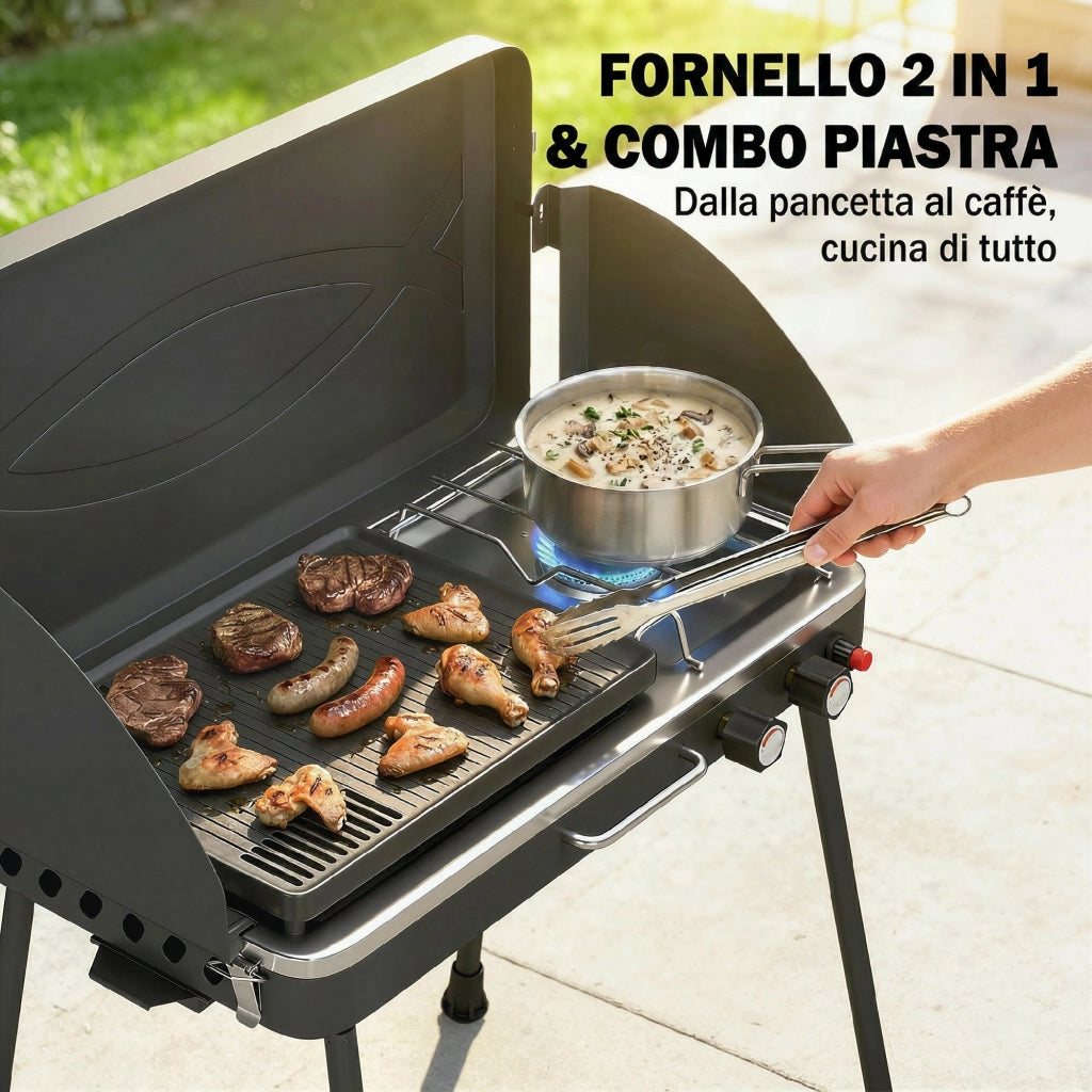 Barbecue a Gas 2 in 1 Portatile con Griglia e Fornello ¨C Zephmum ¨C 7KW Nero
