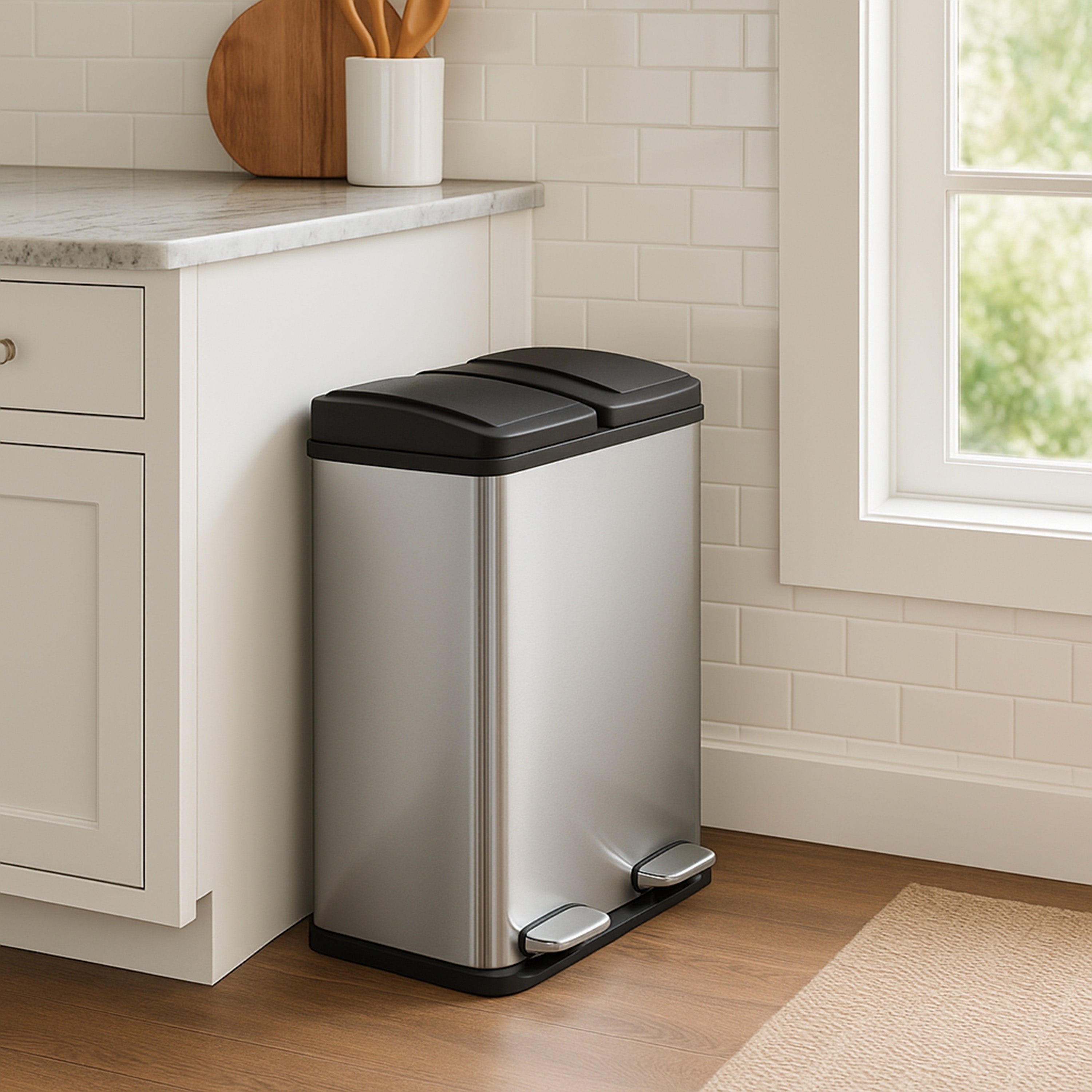 Pattumiera per Raccolta Differenziata Bidone Immondizia a 2 Cestini della Spazzatura da 30L con Pedali Indipendenti Capacità Totale 60L - Acciaio