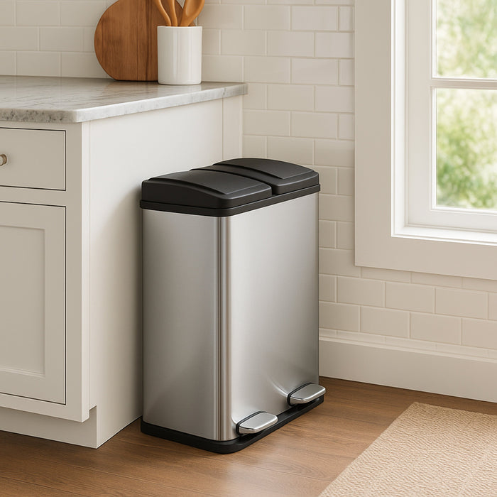 Pattumiera per Raccolta Differenziata Bidone Immondizia a 2 Cestini della Spazzatura da 30L con Pedali Indipendenti Capacità Totale 60L - Acciaio