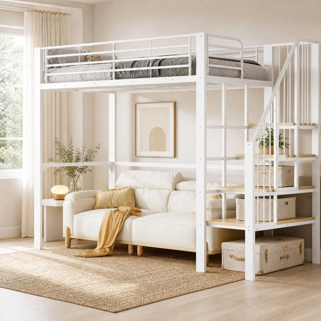 Letto a soppalco 90x200 cm in metallo e legno; con scala e spazio contenitore; bianco