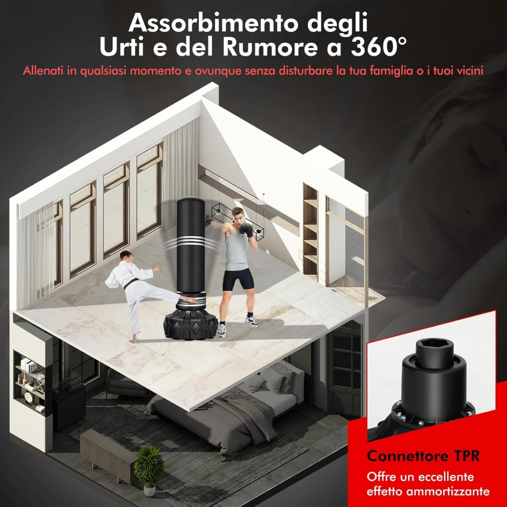 Sacco da Boxe da Terra Professionale con Area per Calci, Sacco Kick Boxing Autoportante con Base Riempibile da Sabbia e Acqua, 12 Ventose in Gomma e Struttura Multistrato