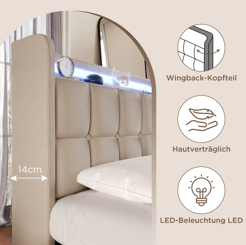 Letto singolo 90x200 cm con USB; prese; LED e 2 cassetti; beige