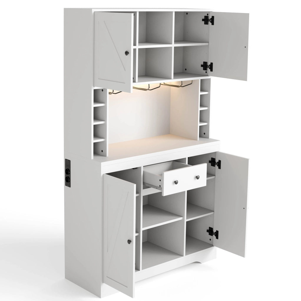 Credenza alta 105x39x180 cm in MDF bianco con LED e prese