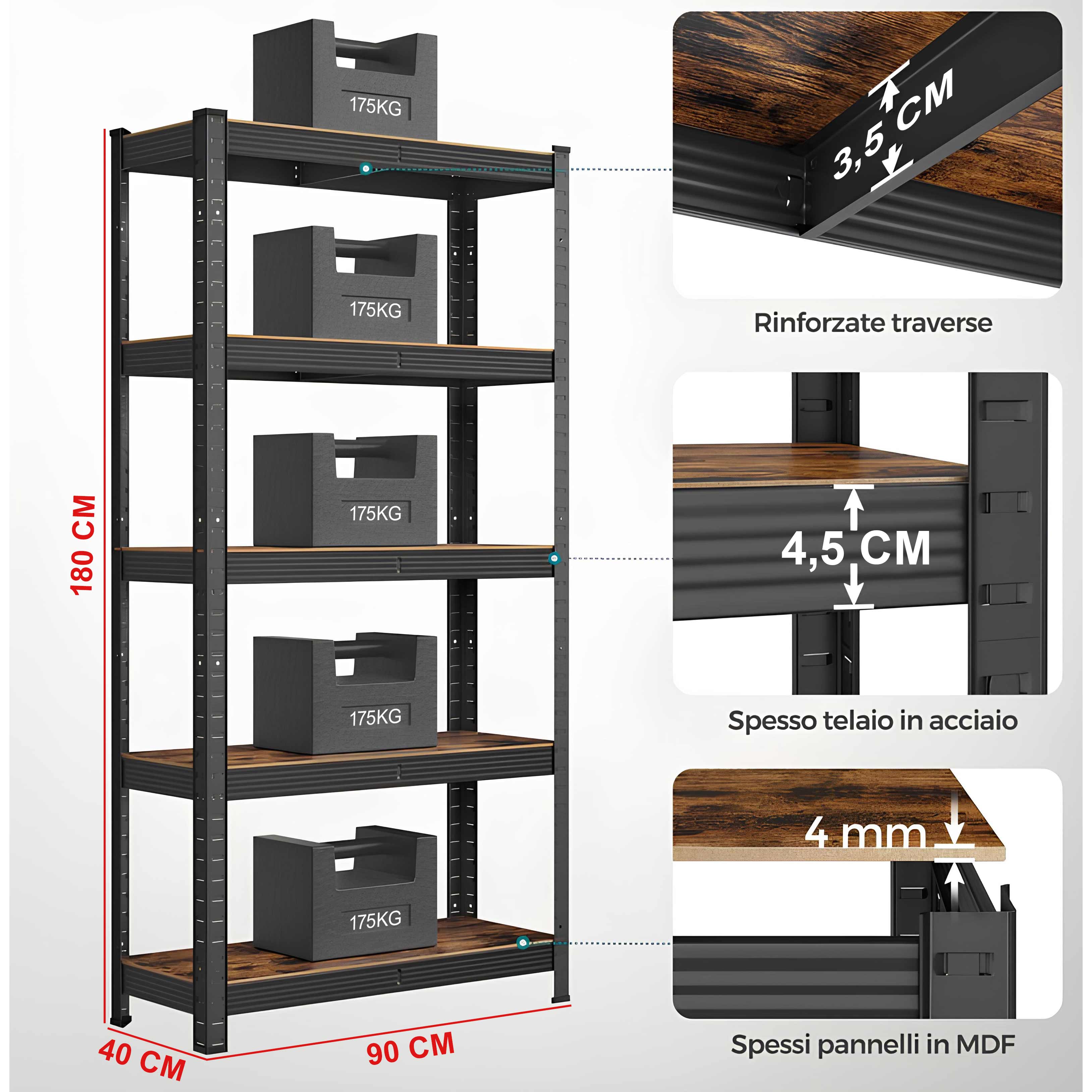 KIT 3 SCAFFALI 5 RIPIANI IN  ACCIAIO E MDF INDUSTRIAL 90x40x180