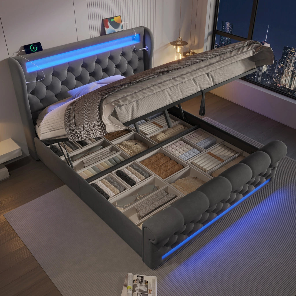 LETTO imbottito 140x190 cm in velluto grigio con LED, USB e Type C