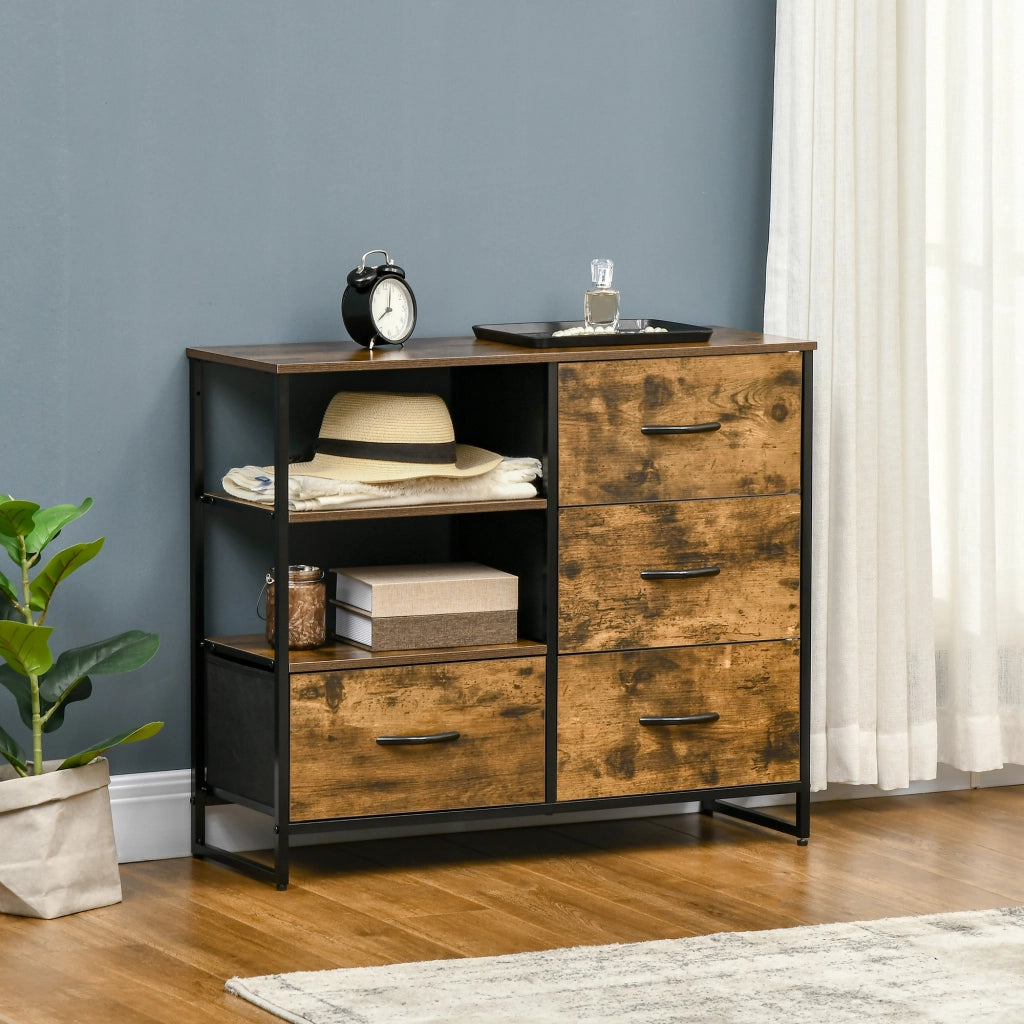 Cassettiera con 4 Cassetti Tessuto e 2 Ripiani Stile Industriale ¨C zephmum ¨C 84x30x71,5 cm Marrone
