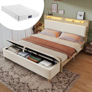 LETTO 140x200 cm in legno e corda beige con materasso incluso e panca contenitore