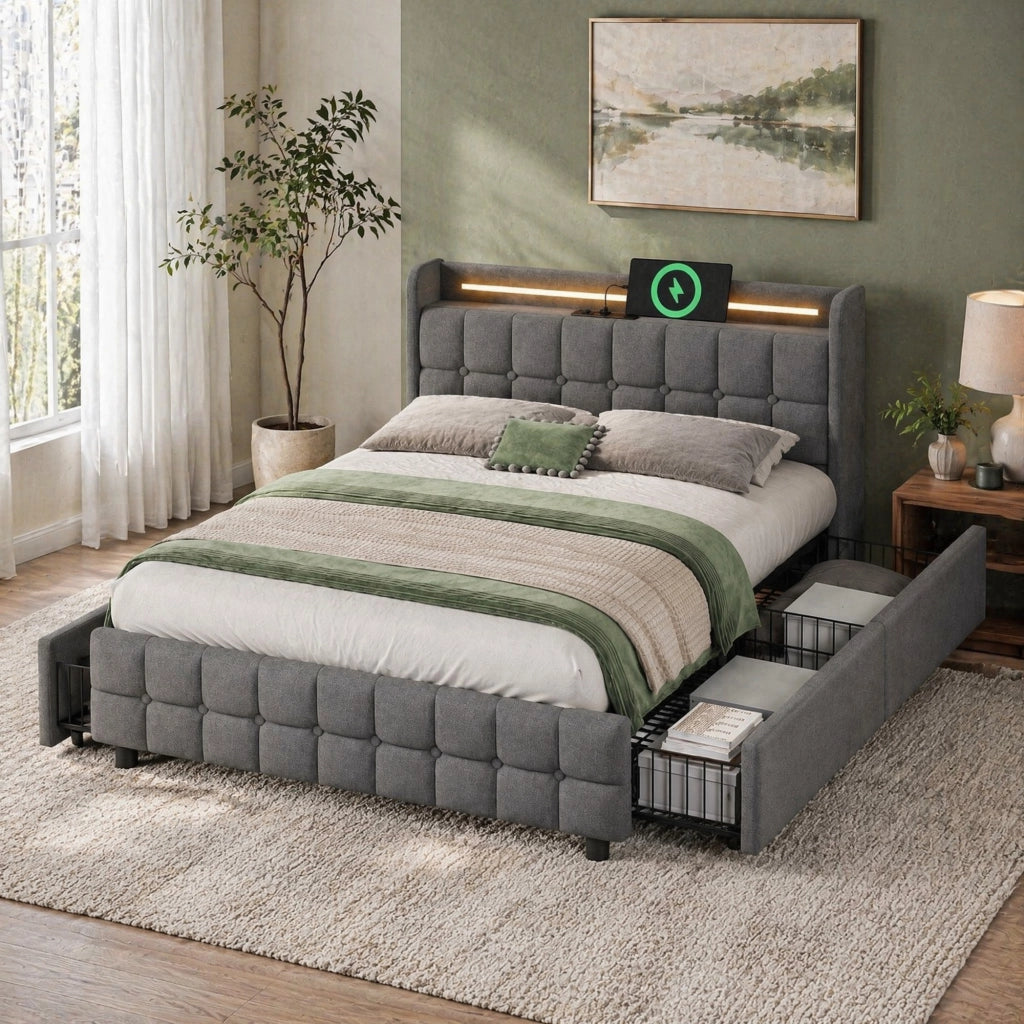 Letto matrimoniale 140x200 cm con USB; prese elettriche; LED e 4 cassetti; grigio