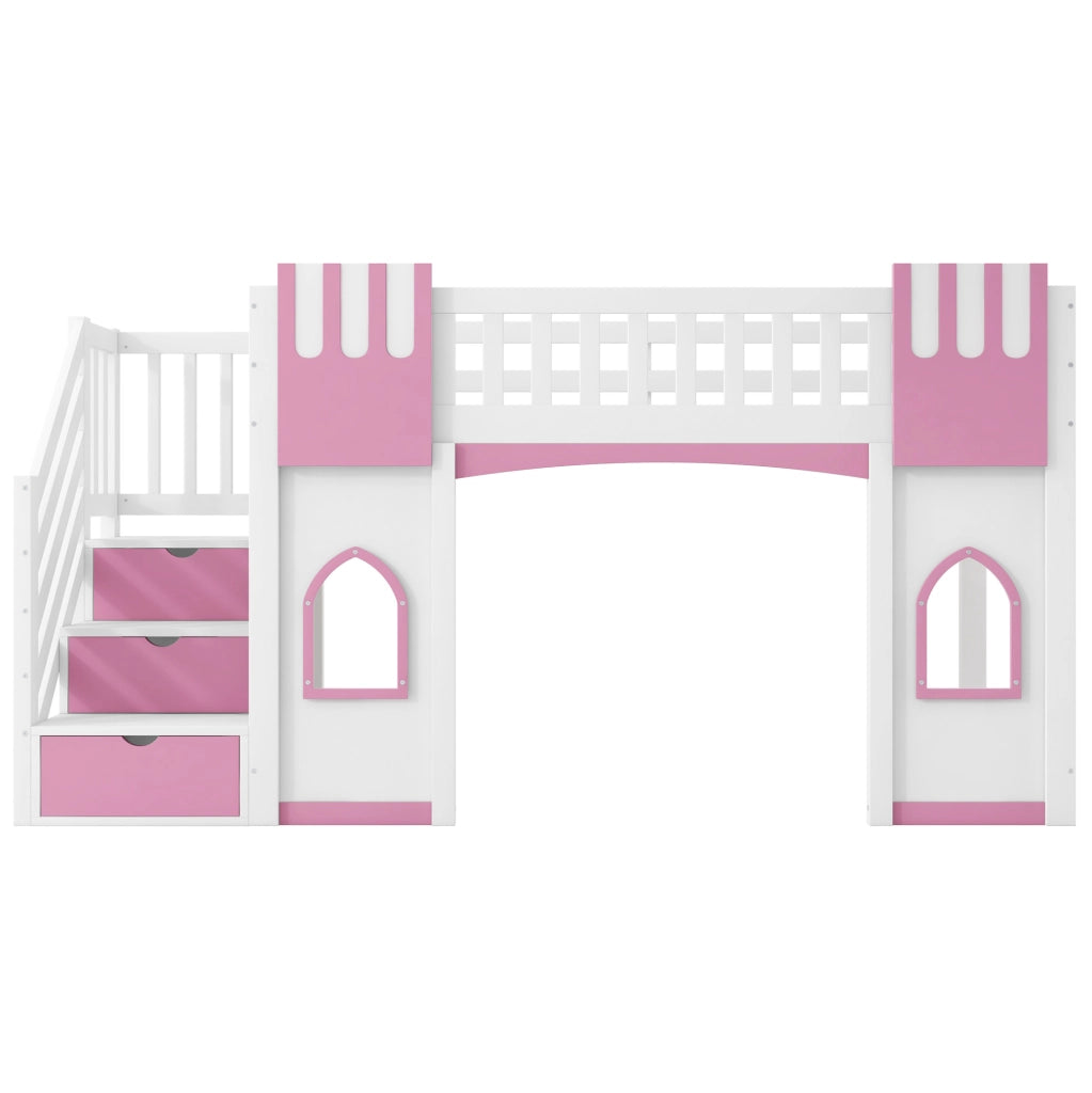 Letto a soppalco 90x200 cm con scala contenitore e finestre in MDF; pino e compensato bianco e rosa
