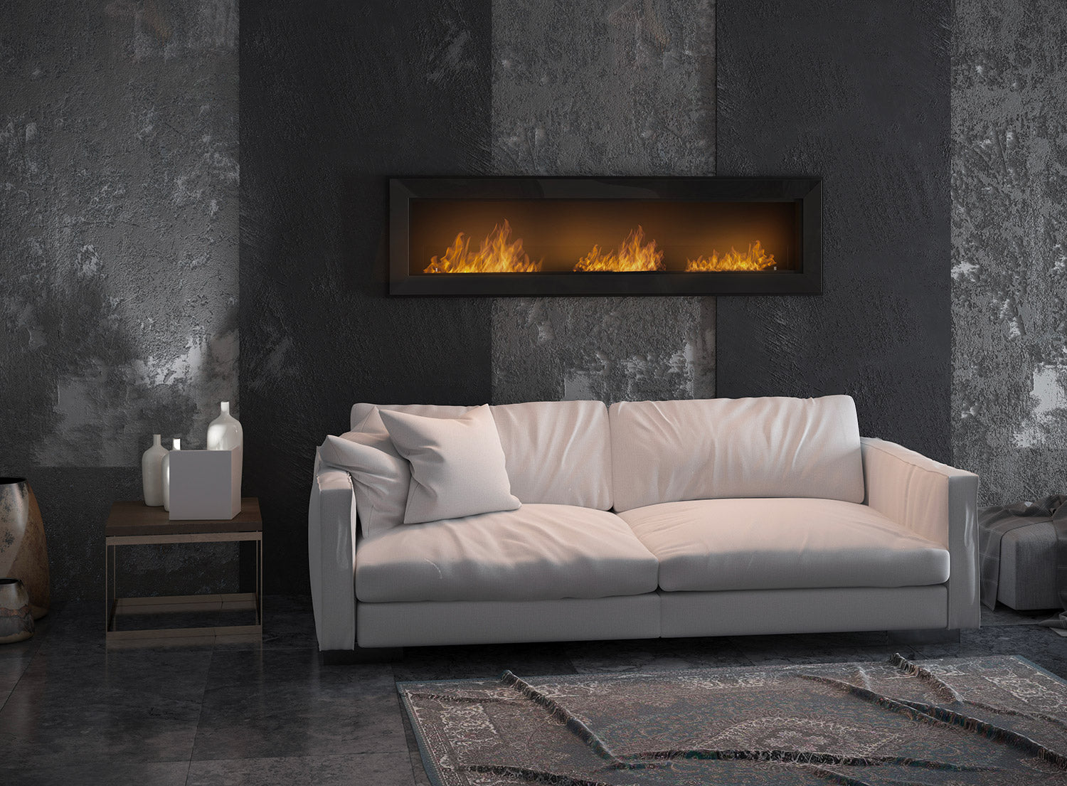 Camino a Bioetanolo da Parete/Incasso 180x49 cm Frame 1800 Nero con Vetro